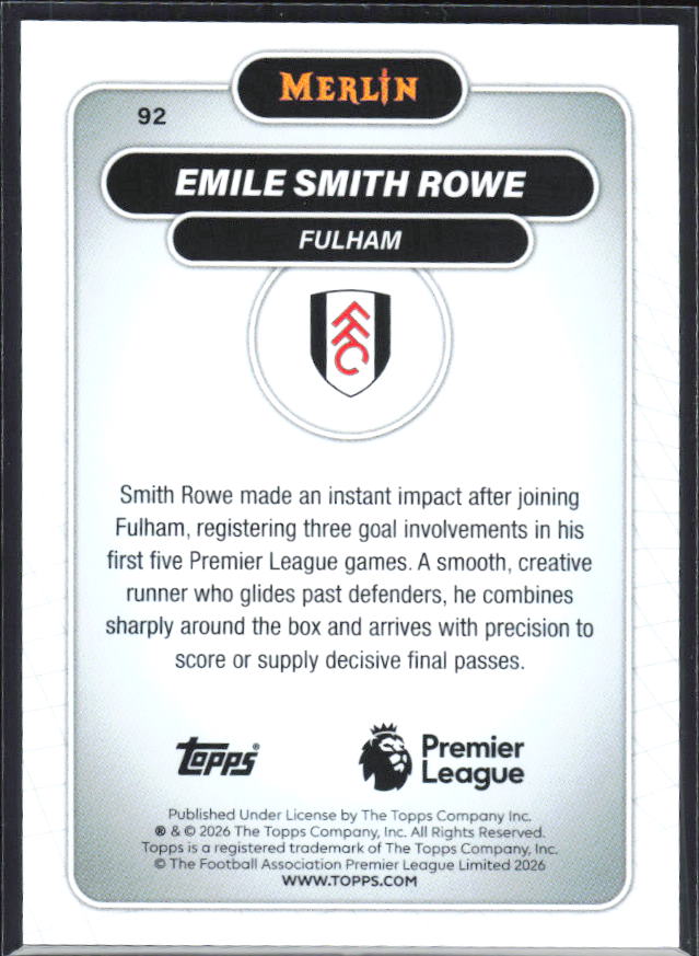 Emile Smith Rowe 2026 Merlin Premier League #92 – baksida