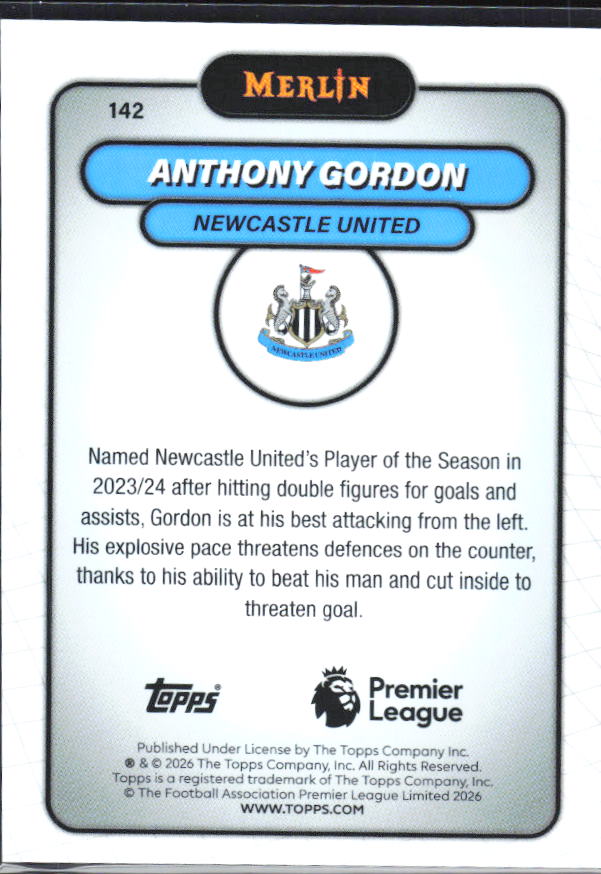 Anthony Gordon 2026 Merlin Premier League #142 – baksida
