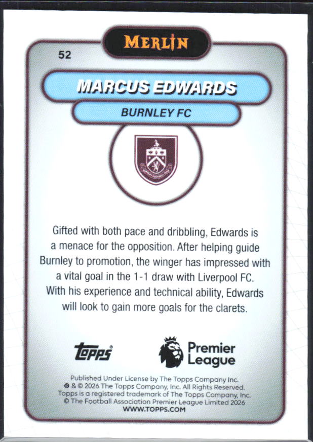 Marcus Edwards 2026 Merlin Premier League #52 – baksida