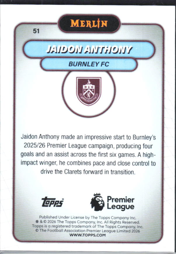 Jaidon Anthony 2026 Merlin Premier League #51 – baksida