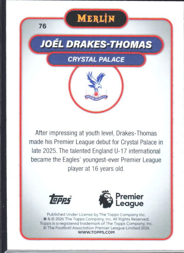 Joel Drakes-Thomas 2026 Merlin Premier League RC #76 – baksida