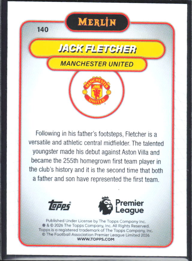 Jack Fletcher 2026 Merlin Premier League RC #140 – baksida