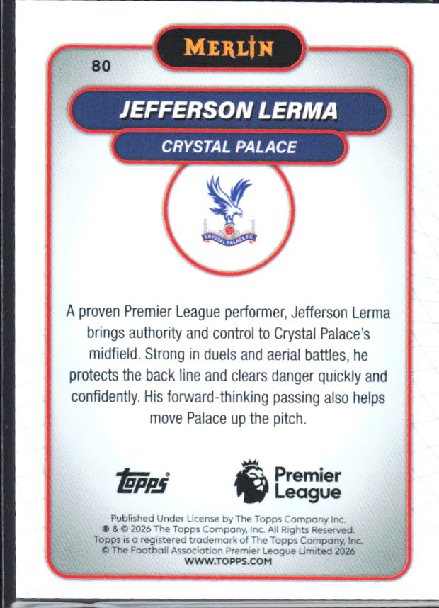 Jefferson Lerma 2026 Merlin Premier League #80 – baksida