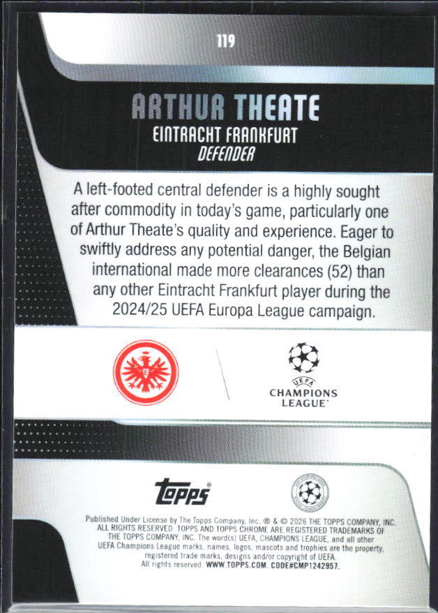Arthur Theate 2025-26 Chrome UEFA #119 – baksida