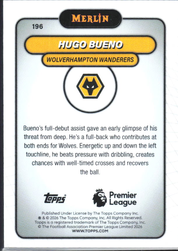 Hugo Bueno 2026 Merlin Premier League #196 – baksida