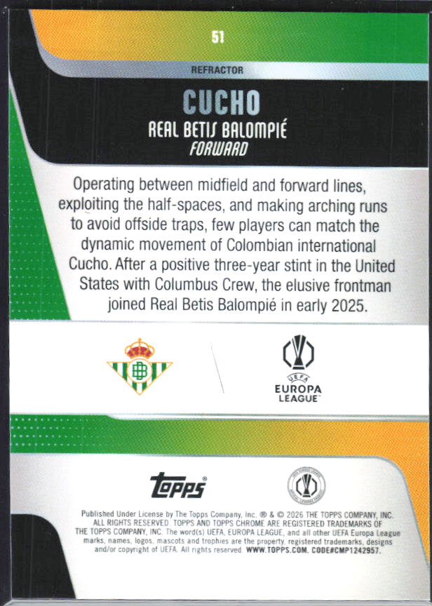Cucho 2025-26 Chrome UEFA Refractor #51 – baksida