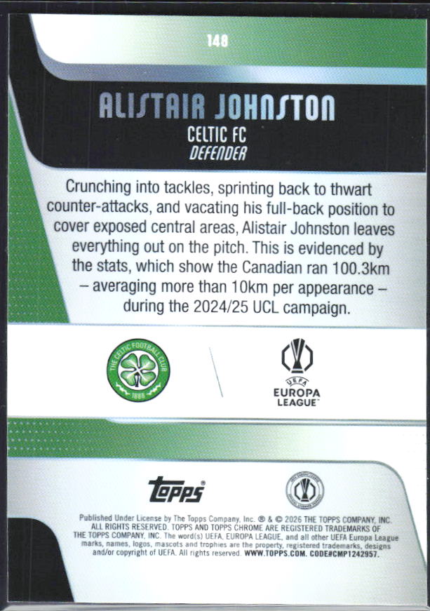 Alistair Johnston 2025-26 Chrome UEFA #148 – baksida