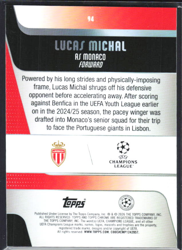 Lucas Michal 2025-26 Chrome UEFA RC #94 – baksida