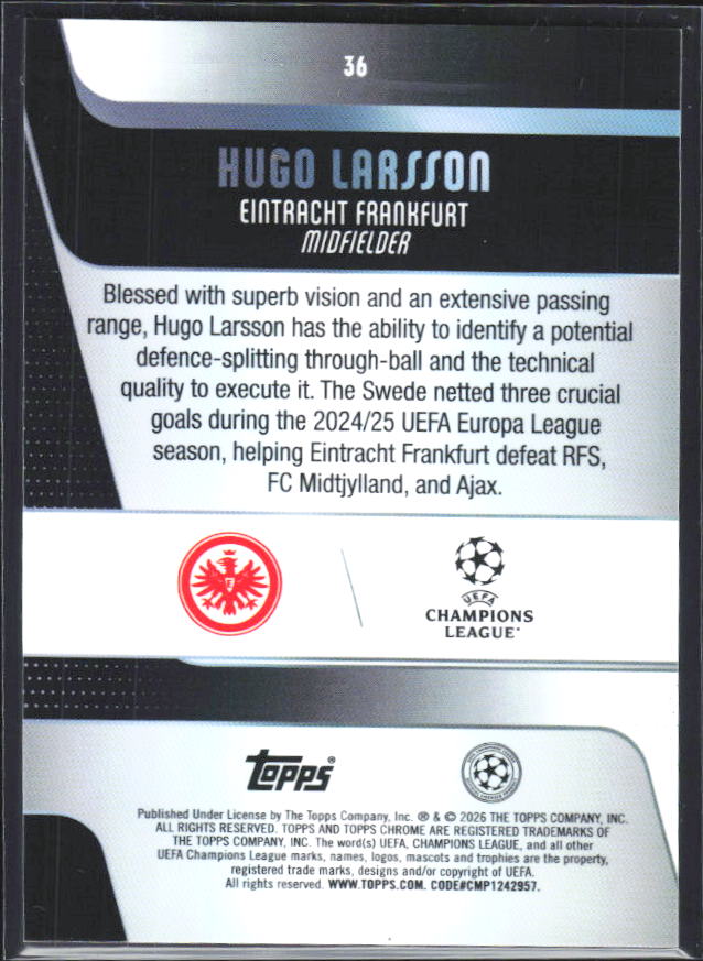 Hugo Larsson 2025-26 Chrome UEFA #36 – baksida