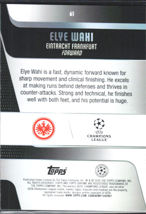 Elye Wahi 2025-26 Chrome UEFA #61 – baksida