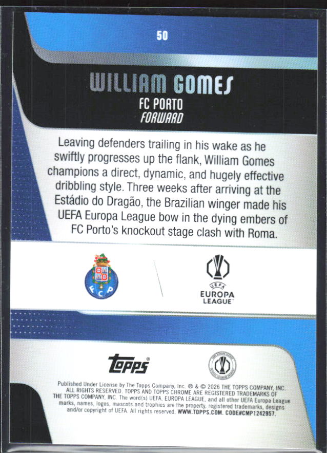 William Gomes 2025-26 Chrome UEFA #50 – baksida