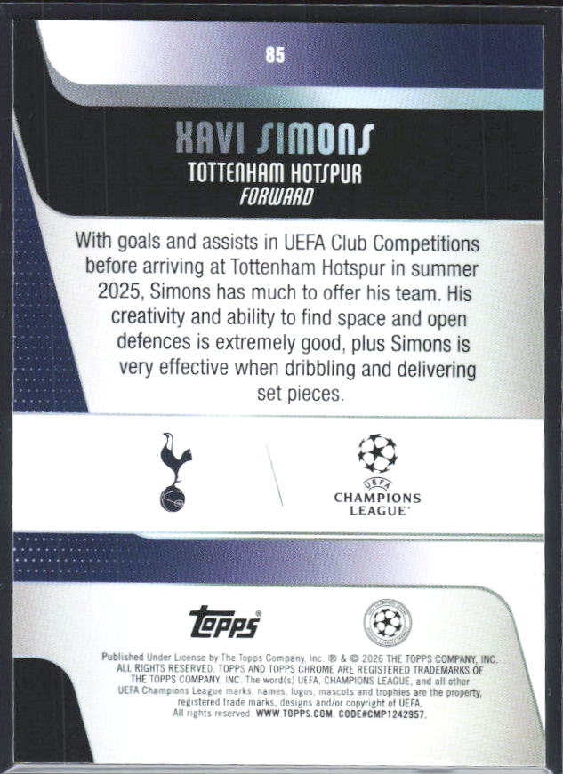 Xavi Simons 2025-26 Chrome UEFA #85 – baksida