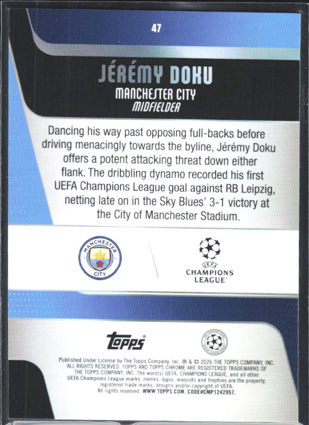 Jérémy Doku 2025-26 Chrome UEFA #47 – baksida