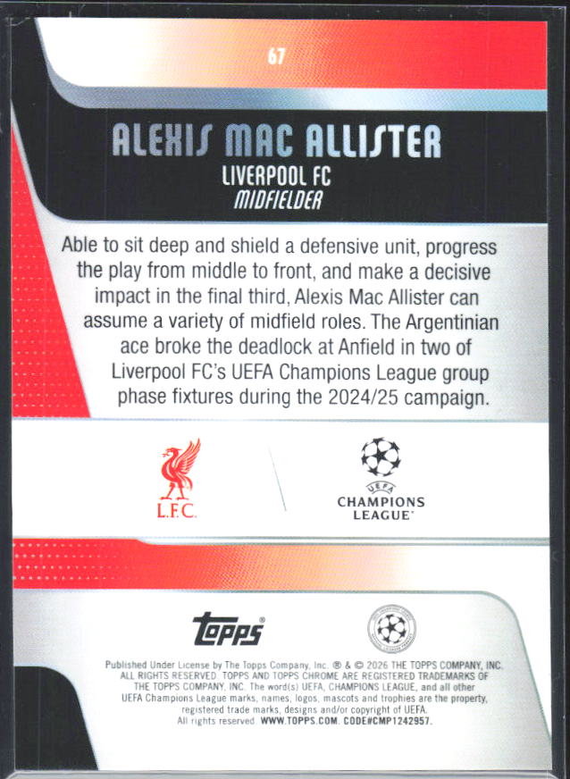 Alexis Mac Allister 2025-26 Chrome UEFA #67 – baksida