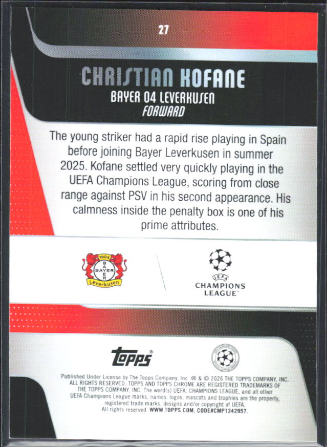 Christian Kofane 2025-26 Chrome UEFA RC #27 – baksida