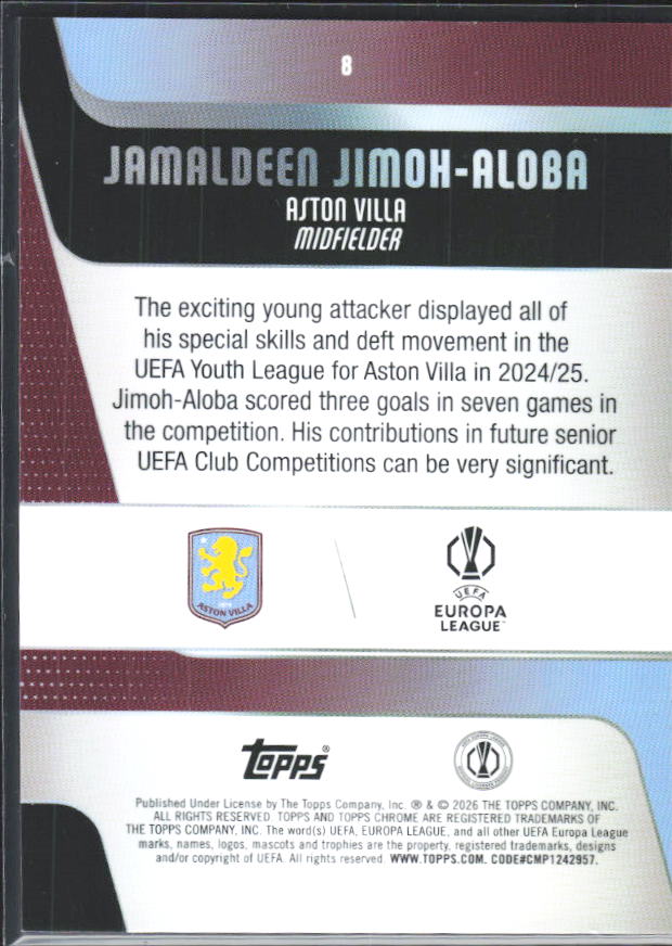 Jamaldeen Jimoh-Aloba 2025-26 Chrome UEFA RC #8 – baksida
