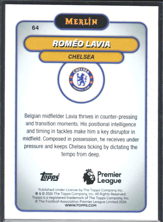 Roméo Lavia 2026 Merlin Premier League #64 – baksida