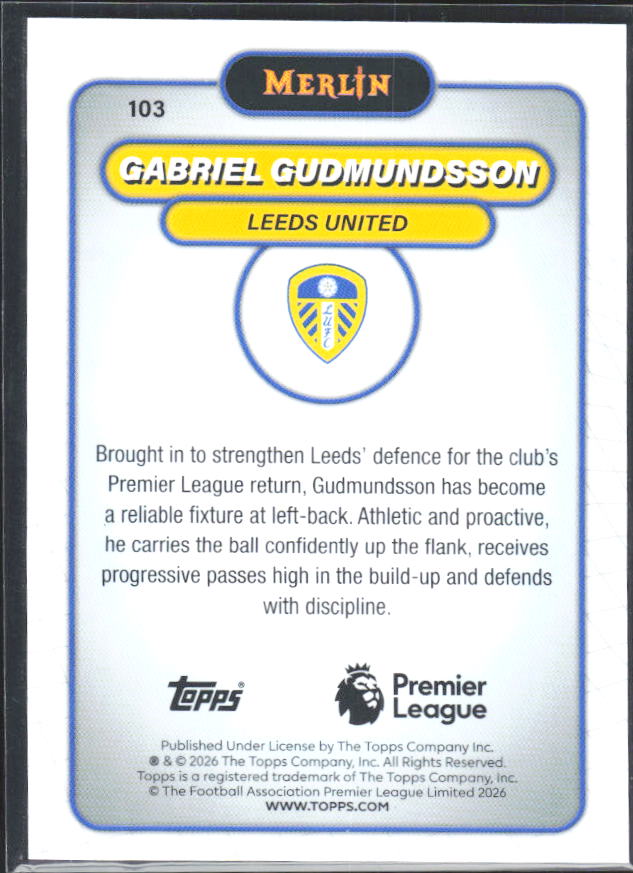 Gabriel Gudmundsson 2026 Merlin Premier League #103 – baksida