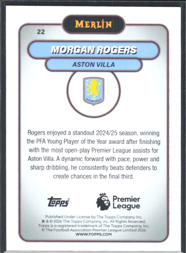Morgan Rogers 2026 Merlin Premier League #22 – baksida