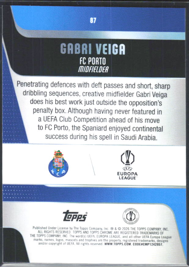 Gabri Veiga 2025-26 Chrome UEFA #87 – baksida