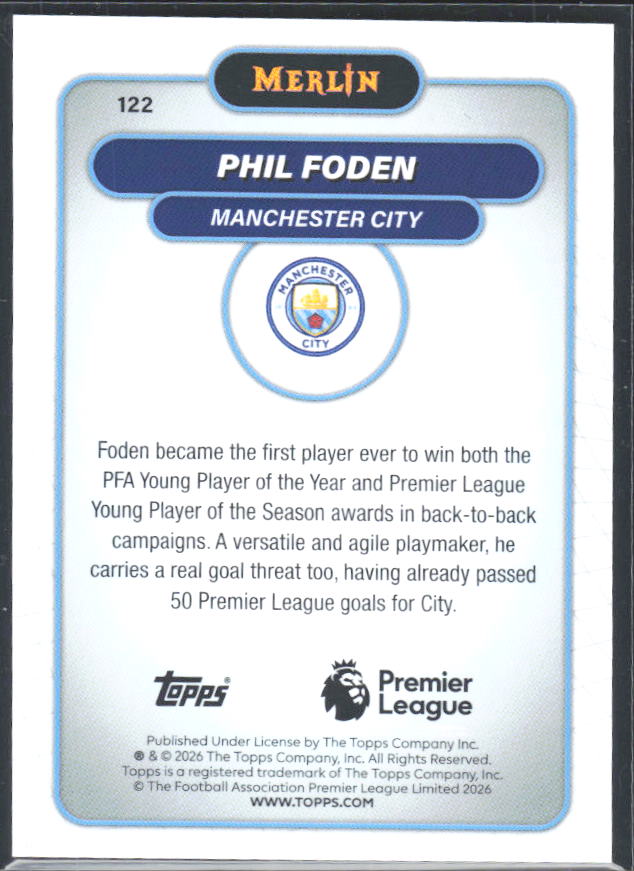 Phil Foden 2026 Merlin Premier League #122 – baksida
