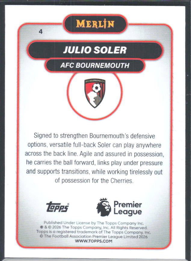 Julio Soler 2026 Merlin Premier League RC #4 – baksida