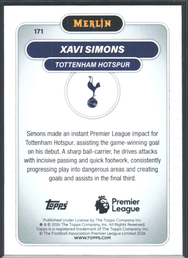 Xavi Simons 2026 Merlin Premier League #171 – baksida