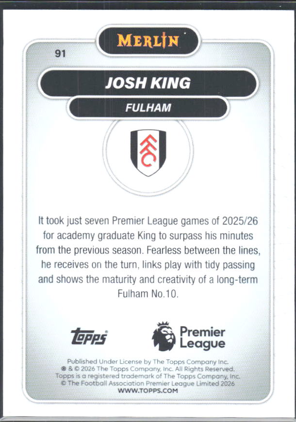 Josh King 2026 Merlin Premier League RC #91 – baksida