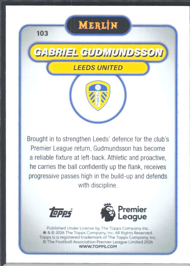 Gabriel Gudmundsson 2026 Merlin Premier League #103 – baksida