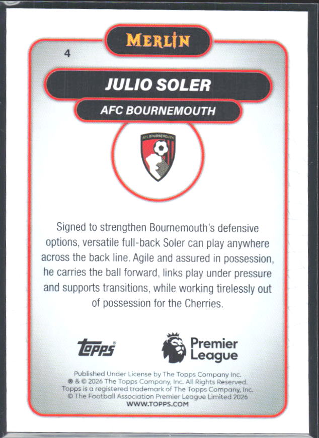 Julio Soler 2026 Merlin Premier League RC #4 – baksida