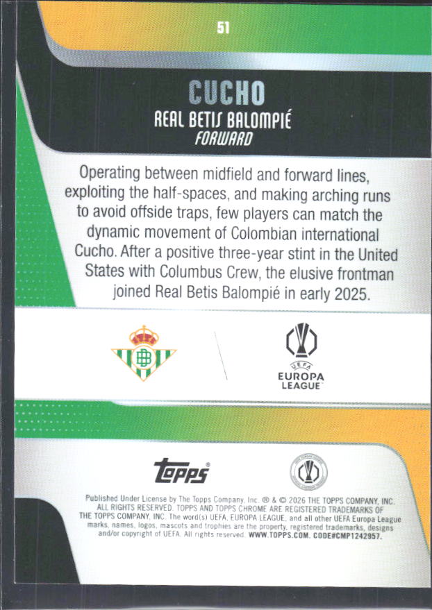 Cucho 2025-26 Chrome UEFA #51 – baksida