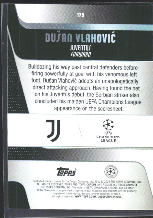 Dušan Vlahović 2025-26 Chrome UEFA #175 – baksida