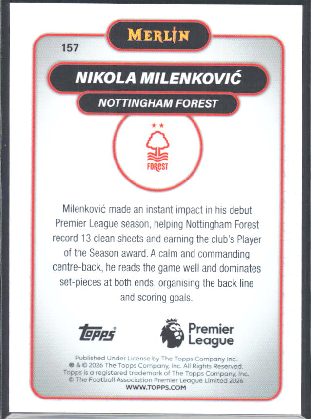 Nikola Milenković 2026 Merlin Premier League #157 – baksida