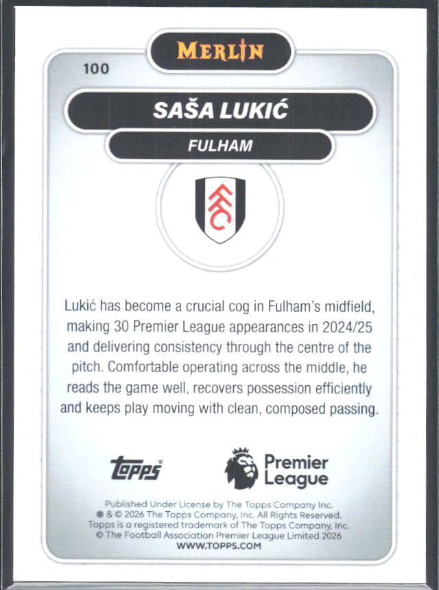 Saša Lukić 2026 Merlin Premier League #100 – baksida