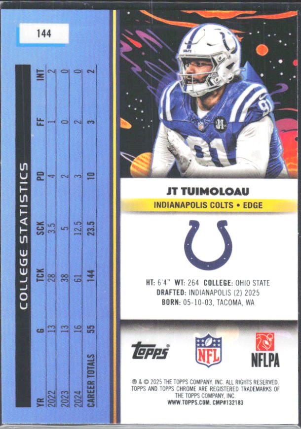 JT Tuimoloau 2025 Cosmic Chrome RC #144 – baksida