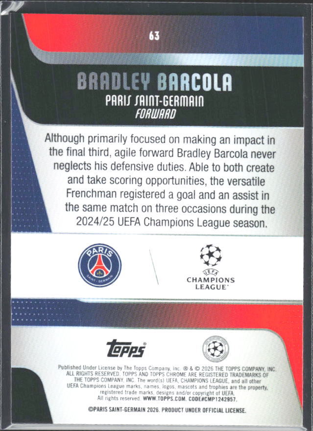 Bradley Barcola 2025-26 Chrome UEFA #63 – baksida