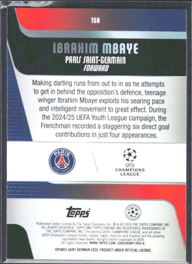 Ibrahim Mbaye 2025-26 Chrome UEFA Future Stars #158 – baksida