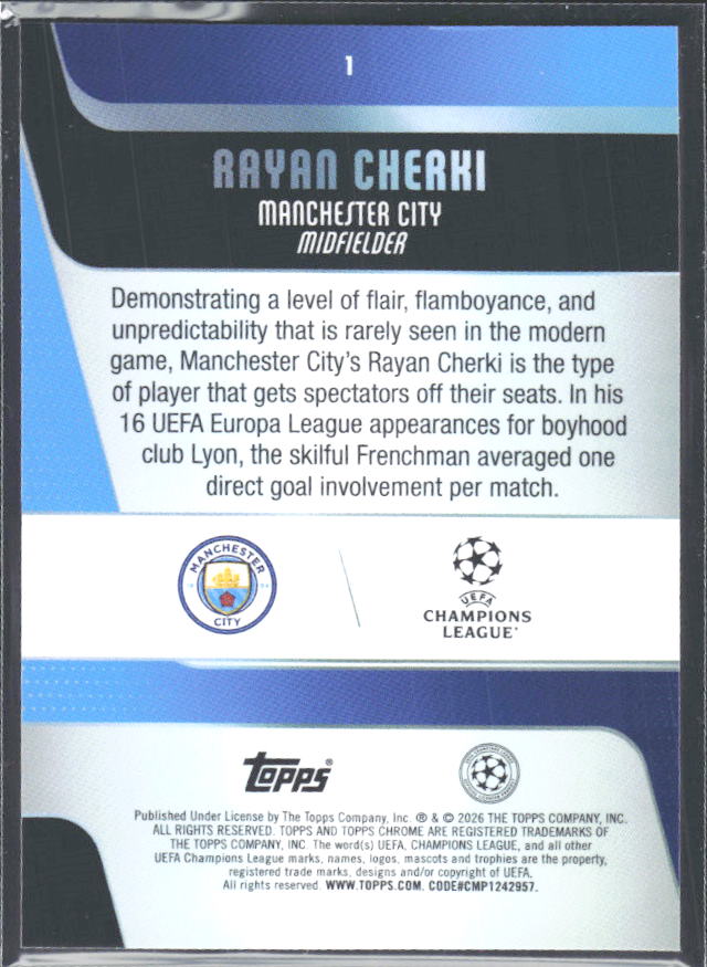 Rayan Cherki 2025-26 Chrome UEFA #1 – baksida