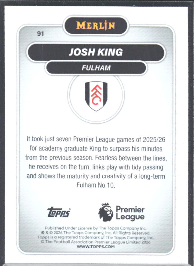 Josh King 2026 Merlin Premier League RC #91 – baksida