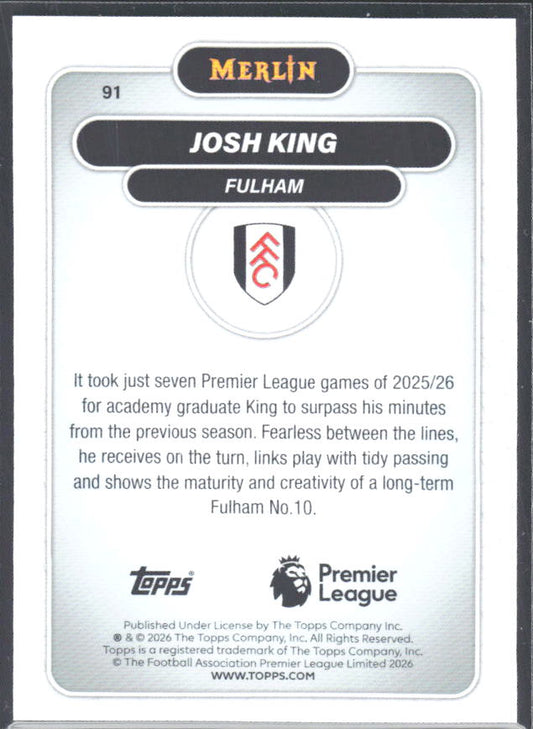 Josh King 2026 Merlin Premier League RC #91 – baksida