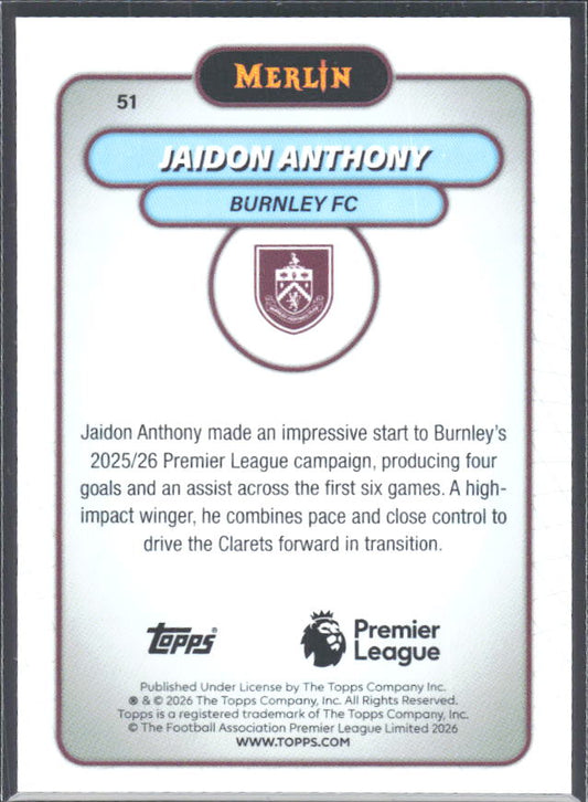 Jaidon Anthony 2026 Merlin Premier League #51 – baksida