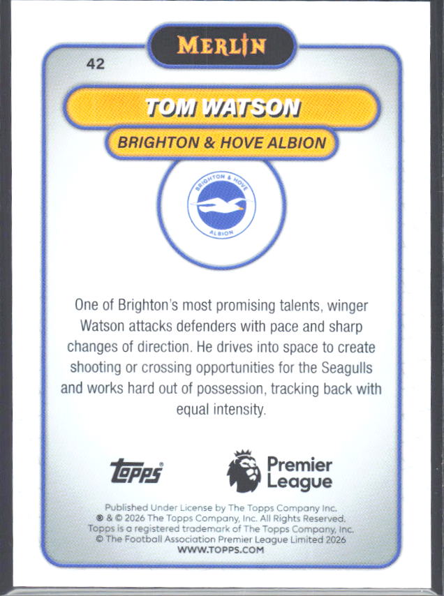 Tom Watson 2026 Merlin Premier League RC #42 – baksida