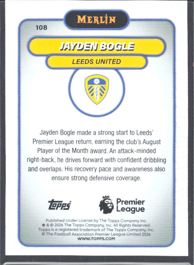 Jayden Bogle 2026 Merlin Premier League #108 – baksida