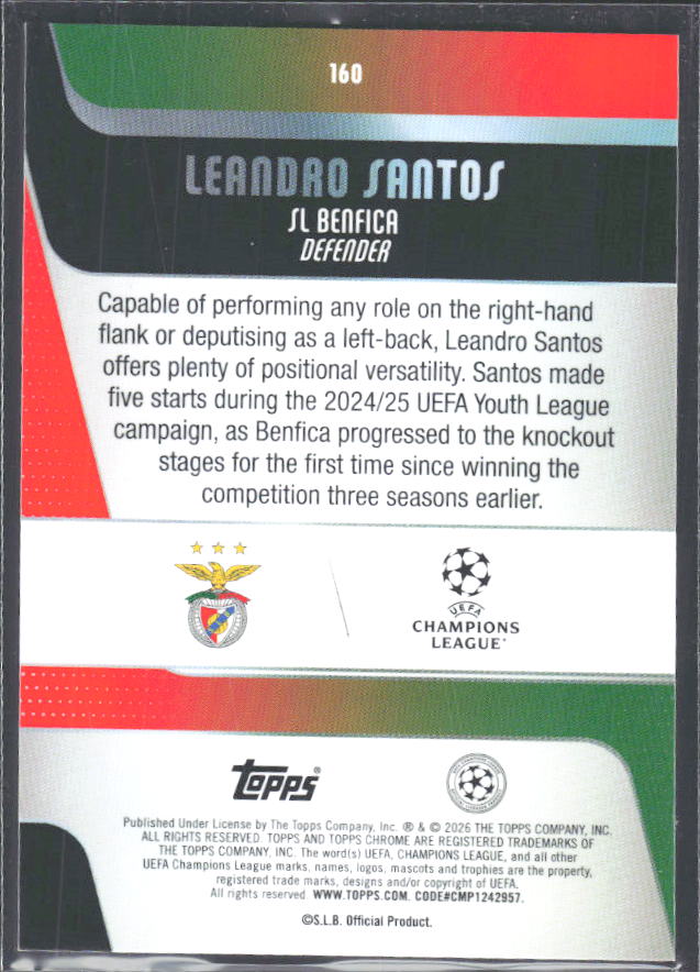 Leandro Santos 2025-26 Chrome UEFA RC #160 – baksida