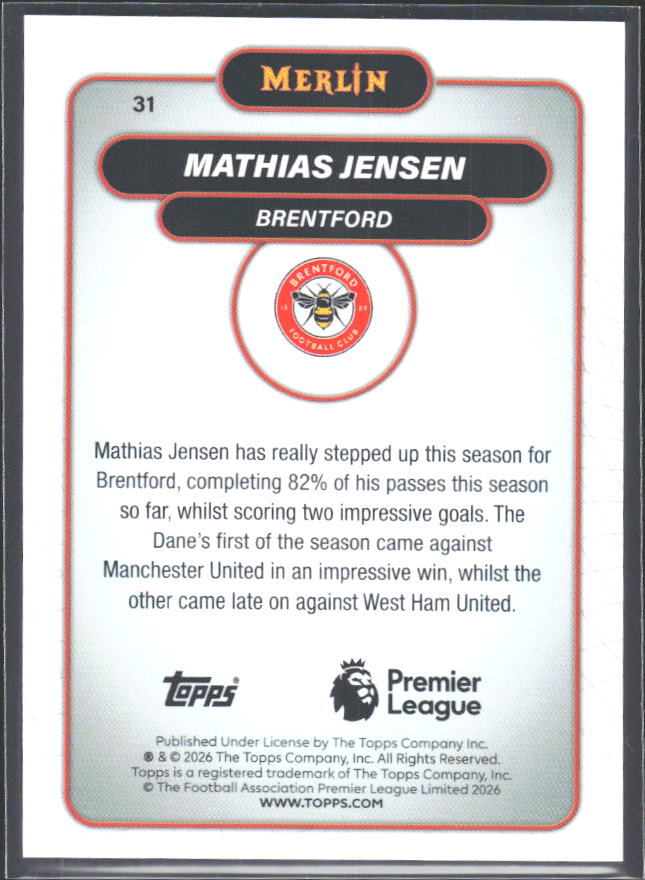 Mathias Jensen 2026 Merlin Premier League #31 – baksida
