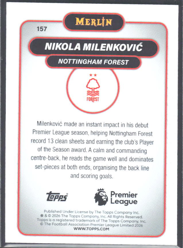 Nikola Milenković 2026 Merlin Premier League #157 – baksida