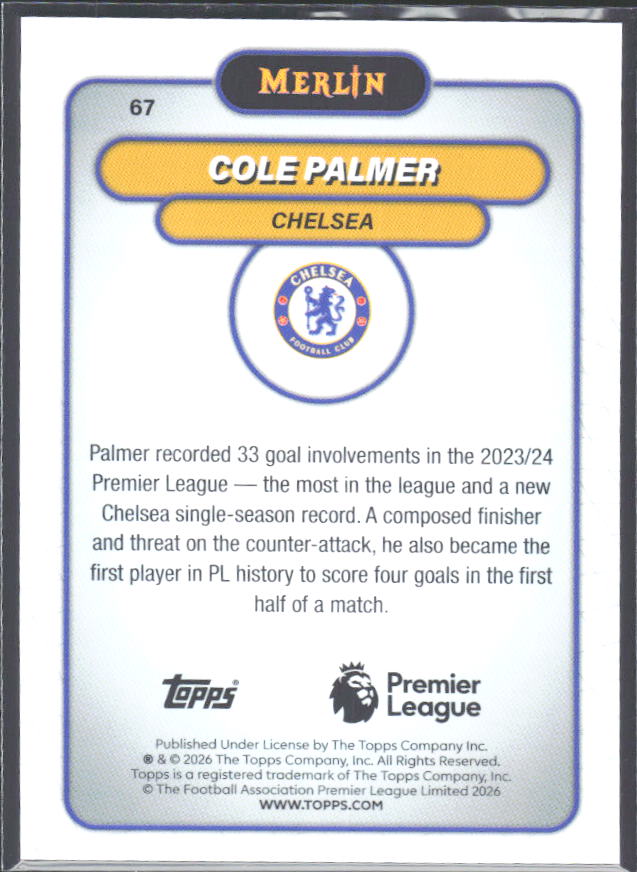 Cole Palmer 2026 Merlin Premier League #67 – baksida