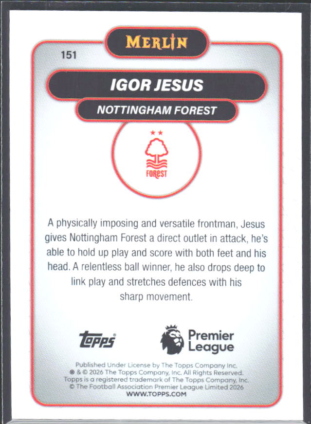 Igor Jesus 2026 Merlin Premier League RC #151 – baksida