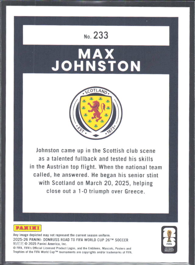 Max Johnston 2025-26 Donruss Road to FIFA WC Rated Rookie #233 – baksida