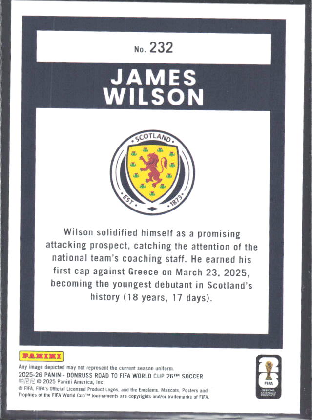 James Wilson 2025-26 Donruss Road to FIFA WC Rated Rookie #232 – baksida